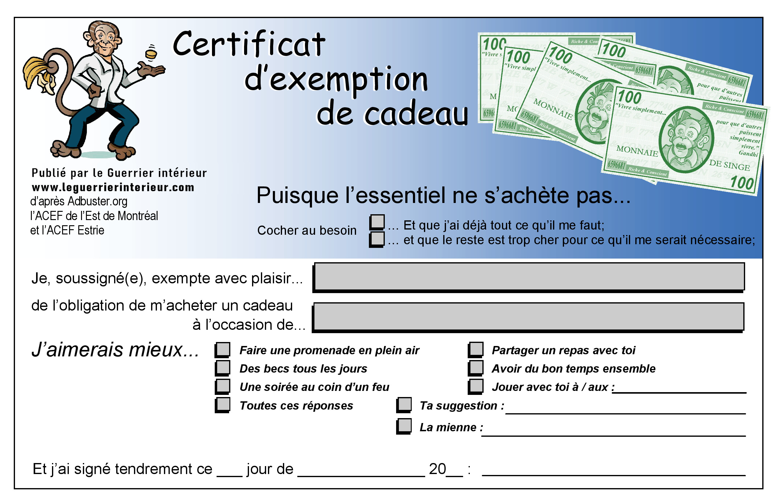 bon d'exemption de cadeaux